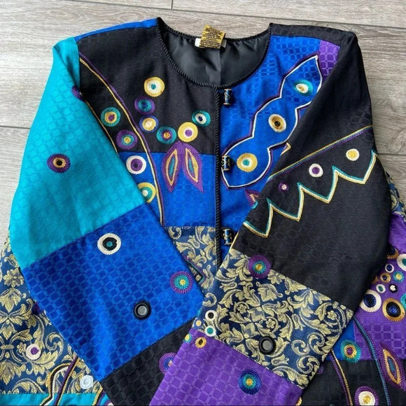 Vintage Bellessa Art Abstract Embroidery  Patchwork Colourblock Jacket - Picture 11 of 14